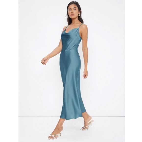 Blue Satin Cami Dress Midi  Adjustable Spaghetti Straps - Picture 7 of 8